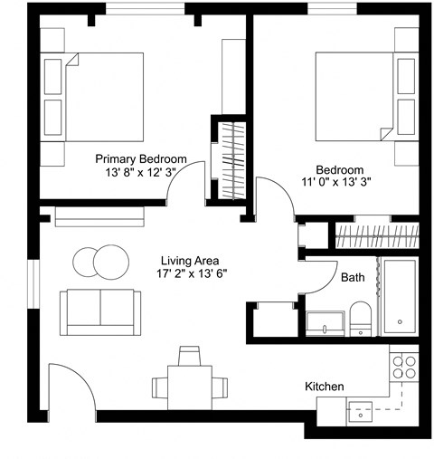 Floor plan for 2 beds, 1 bath, 900 sqft